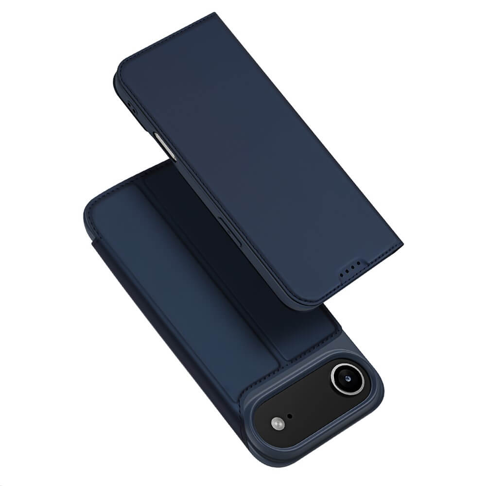 Das Dux Ducis Skin Pro Flip Case in Marineblau ist bei einem iPhone 17 Air teilweise geöffnet und zeigt die Kamera.