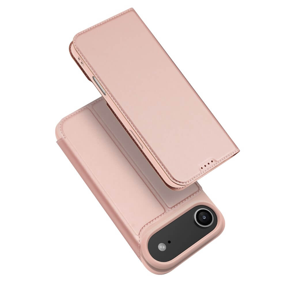 Zwei roségoldene Dux Ducis iPhone 17 Air Skin Pro Flip Cases, eines offen und eines geschlossen, werden vor einem weißen Hintergrund gezeigt.