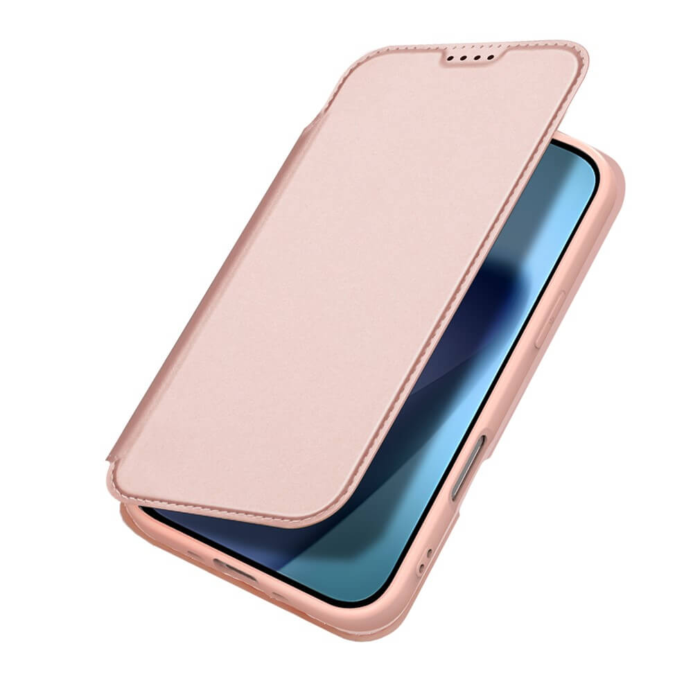 Ein roségoldenes Dux Ducis Skin Pro Flip Case, das teilweise geöffnet ist, um das iPhone 17 Air im Inneren zu zeigen, zeigt sowohl den Bildschirm des Telefons als auch die Schutzhülle.