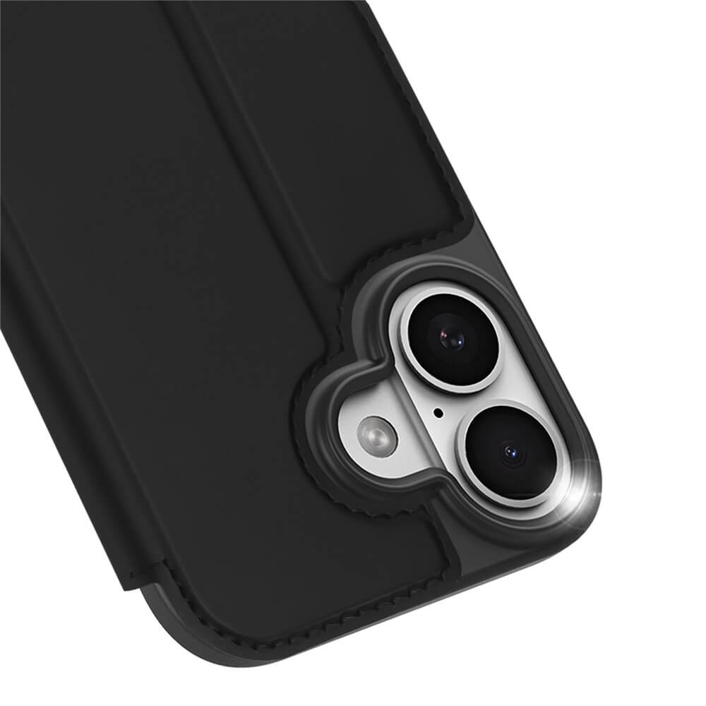 Nahaufnahme des Dux Ducis Skin Pro Flip Case für das iPhone 17, wobei die beiden rückseitigen Kameras und der Blitz des Smartphones hervorgehoben werden.