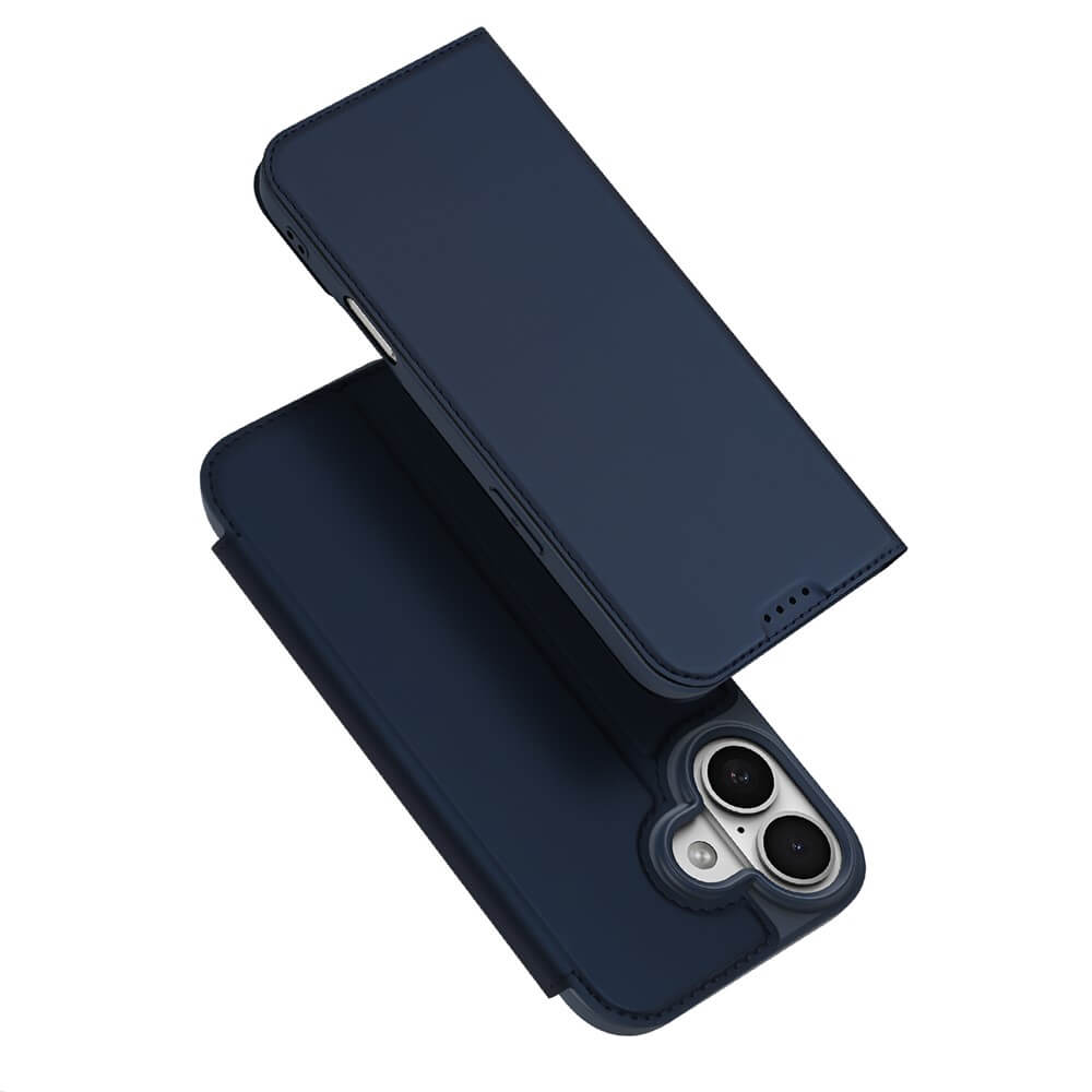 Das Dux Ducis Skin Pro Flip Case für das iPhone 17 ist offen in Marineblau abgebildet und zeigt sowohl die Vorder- als auch die Rückseite mit einem Kameraausschnitt.