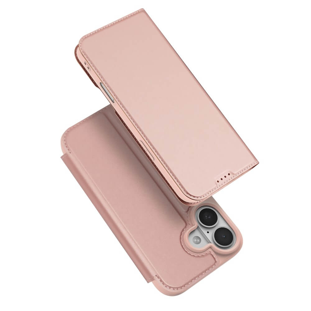Zwei rosafarbene Lederhüllen Dux Ducis Skin Pro Flip Cases für iPhone 17, eine geschlossen und eine offen mit Kameraausschnitt und Kartenfächern, bieten stilvollen Schutz - ideal für Ihre iPhone 17 Hülle der Marke Dux Ducis.