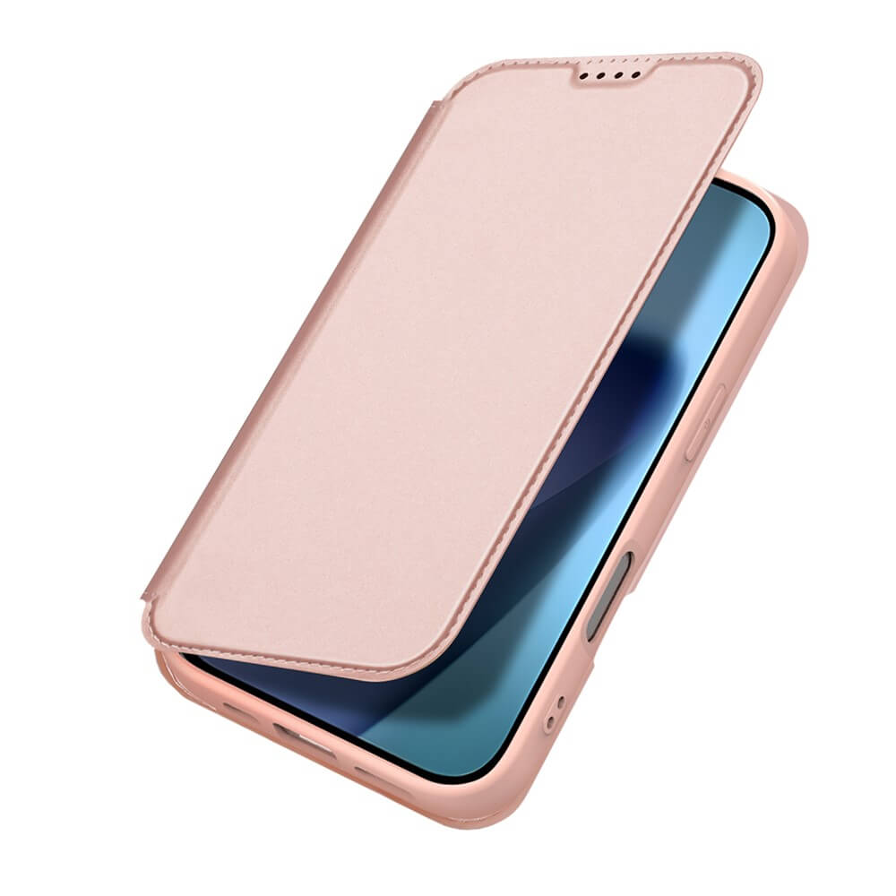 Schickes pinkes iPhone 17 mit passender Dux Ducis Skin Pro Flip Case, teilweise geöffnet, um den Bildschirmschutz von Dux Ducis zu zeigen.