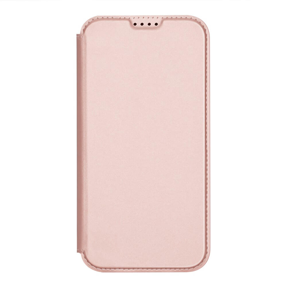 Das Dux Ducis Skin Pro Flip Case für das iPhone 17 ist eine geschlossene rosafarbene Hülle mit abgerundeten Ecken und einem abgesteppten Rand, die ein elegantes Design für die Vorderseite bietet.