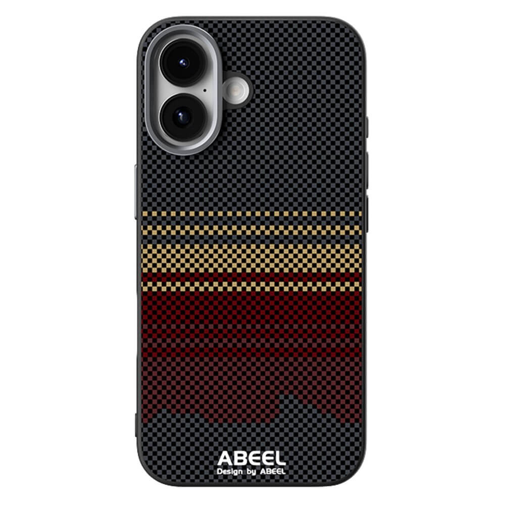 Die iPhone 17 - ABEEL Silikon Hülle mit Motiv ist eine schwarze MagSafe kompatible Hülle mit goldenen und roten horizontalen Streifen, mit "ABEEL Design by ABEEL" auf der Unterseite. Stilvoller Schutz von ABEEL.