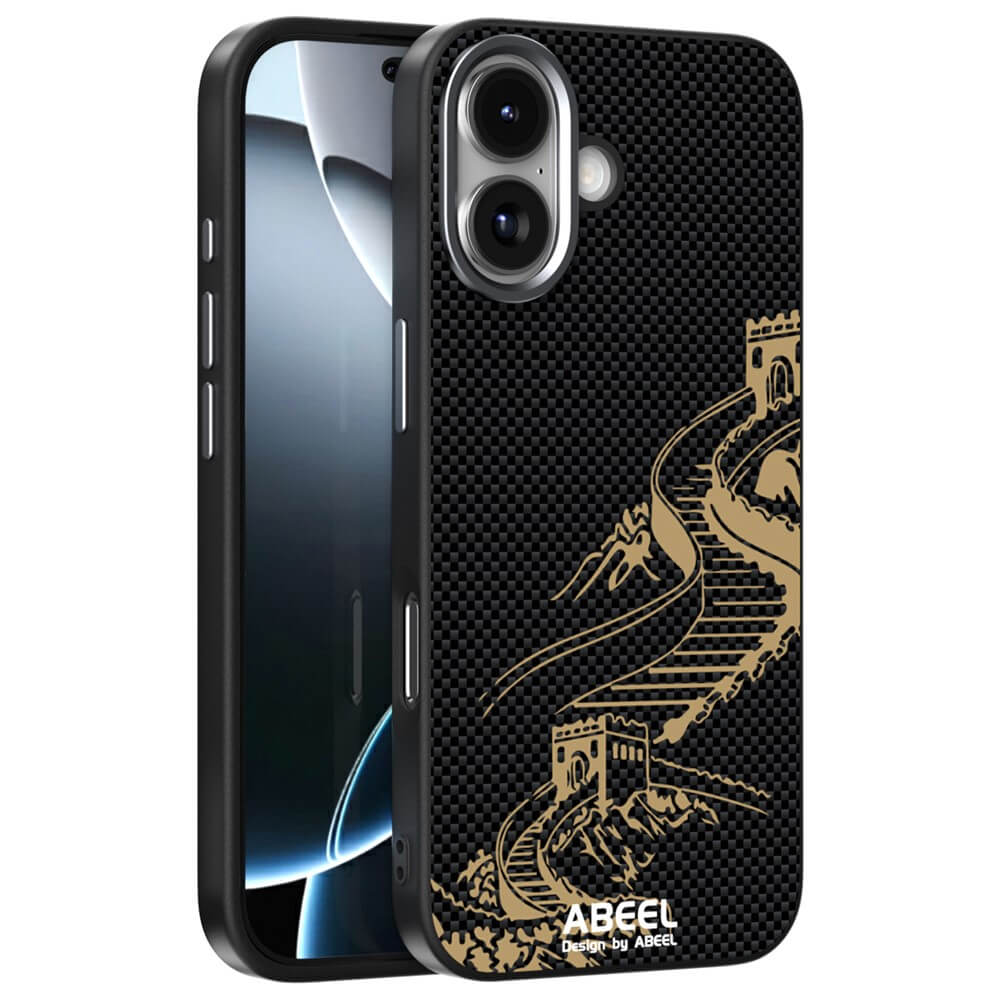 Die iPhone 17 - ABEEL Silikon Hülle mit Motiv besteht aus einer schwarzen Hülle mit goldenem Great Wall of China Design und ABEEL Branding. MagSafe kompatibel für stylischen und sicheren Schutz.