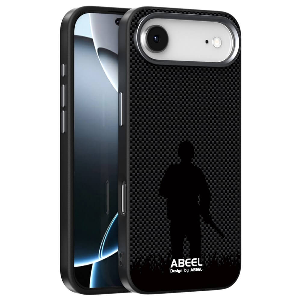 IPhone 17 Air - ABEEL Silikon Hülle mit Motiv: schwarze Handyhülle mit strukturierter Oberfläche, Soldat-Silhouette und ABEEL-Branding unten. MagSafe-kompatibel für stylishen Schutz Ihres Geräts.