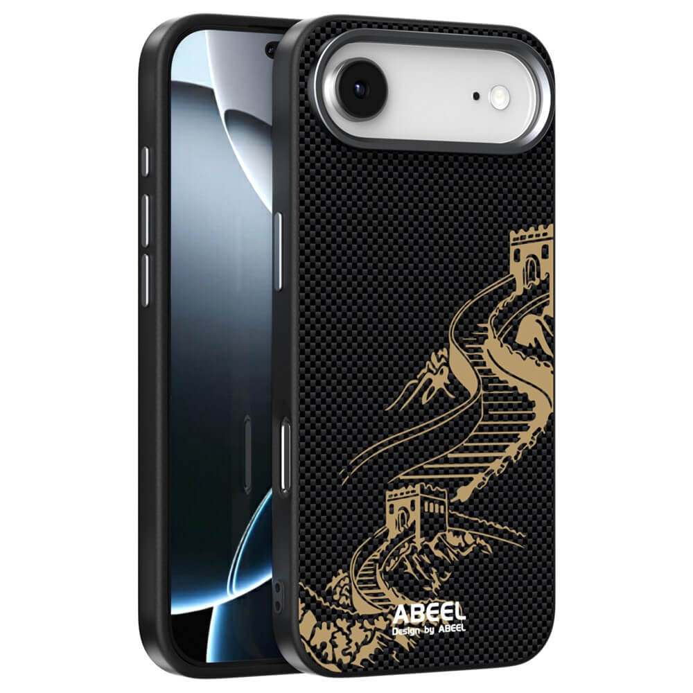 Die ABEEL iPhone 17 Air Silikon Hülle mit Motiv ist eine schwarze, MagSafe kompatible Hülle mit goldenem Great Wall Design und "ABEEL" Text - eine stilvolle Handyhülle von ABEEL für dein Gerät.