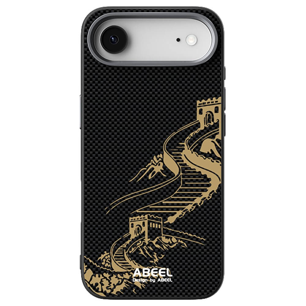 Das iPhone 17 Air - ABEEL Silikon Hülle mit Motiv in Schwarz zeigt eine goldene Great Wall of China Illustration, ist MagSafe-kompatibel und trägt den Markennamen ABEEL am unteren Rand.