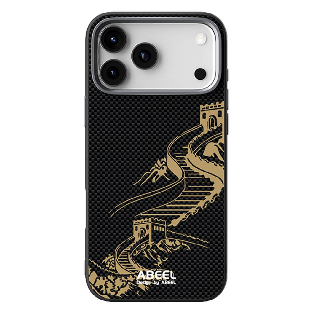 Die iPhone 17 Pro - ABEEL Silikon Hülle mit Motiv von ABEEL bietet ein schwarzes Design mit goldener Großen-Mauer-Illustration, MagSafe-Kompatibilität und Markenlogo - optimale Passform und einfaches Laden.