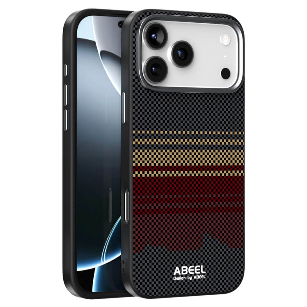 Schützen Sie Ihr iPhone 17 Pro Max mit der ABEEL Silikon Hülle mit Motiv - mit roten und goldenen Streifen, Karbonfaser-Stil, MagSafe-Kompatibilität und ABEEL-Branding auf der Rückseite.