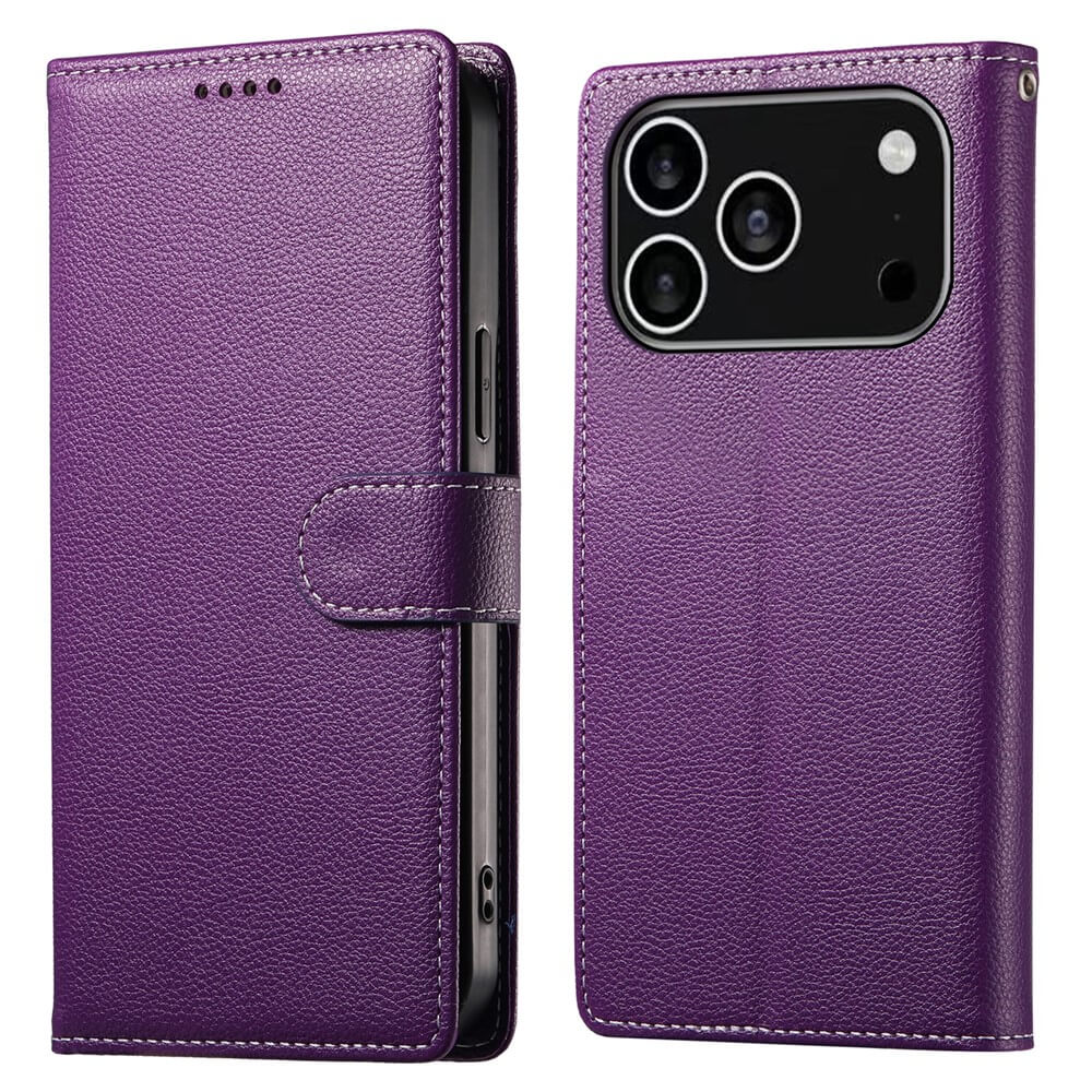 Das Cover-Discount iPhone 17 Pro - Leder Etui Hülle Struktura Design in violettem Leder wird offen und geschlossen gezeigt und verfügt über einen Kameraausschnitt und einen Magnetverschluss - eine elegante, funktionelle Hülle für Ihr Gerät.