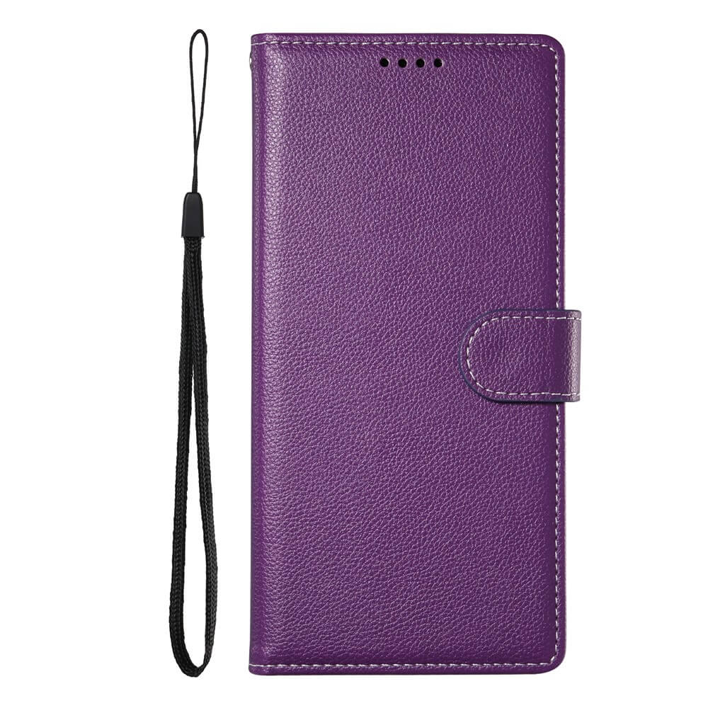 #farbe_violett|Das Cover-Discount iPhone 17 Pro Leder Etui Hülle Struktura Design ist eine lilafarbene Lederhandyhülle mit magnetischer Klappe und abnehmbarer schwarzer Handschlaufe, ideal als stilvolle und praktische Klapphülle.