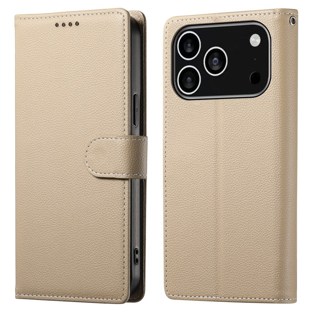 Cover-Discount iPhone 17 Pro - Leder Etui Hülle Struktura Design in Beige, mit Kameraausschnitt und Magnetverschluss, zeigt Front- und Rückansicht.