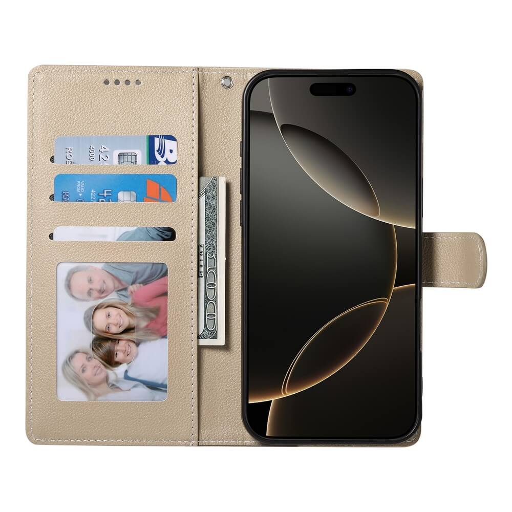 Das Cover-Discount iPhone 17 Pro - Leder Etui Hülle Struktura Design in Beige bietet Platz für Karten, Bargeld und ein Familienfoto - alles griffbereit neben deinem Smartphone.