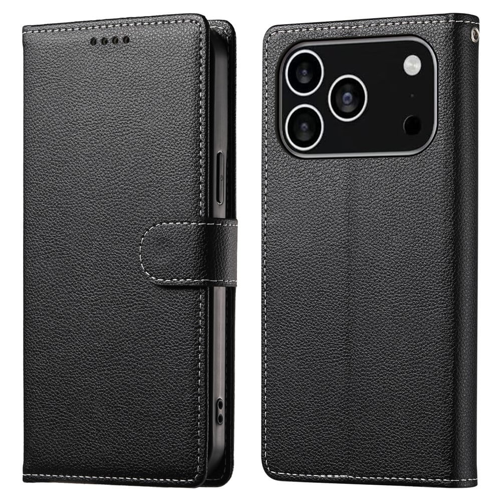 Das Cover-Discount iPhone 17 Pro Leder Etui Hülle Struktura Design besteht aus einer schwarzen Lederhülle mit Magnetverschluss, die geöffnet und geschlossen gezeigt wird, um den Kameraausschnitt zu zeigen - eine elegante und schützende Wahl.