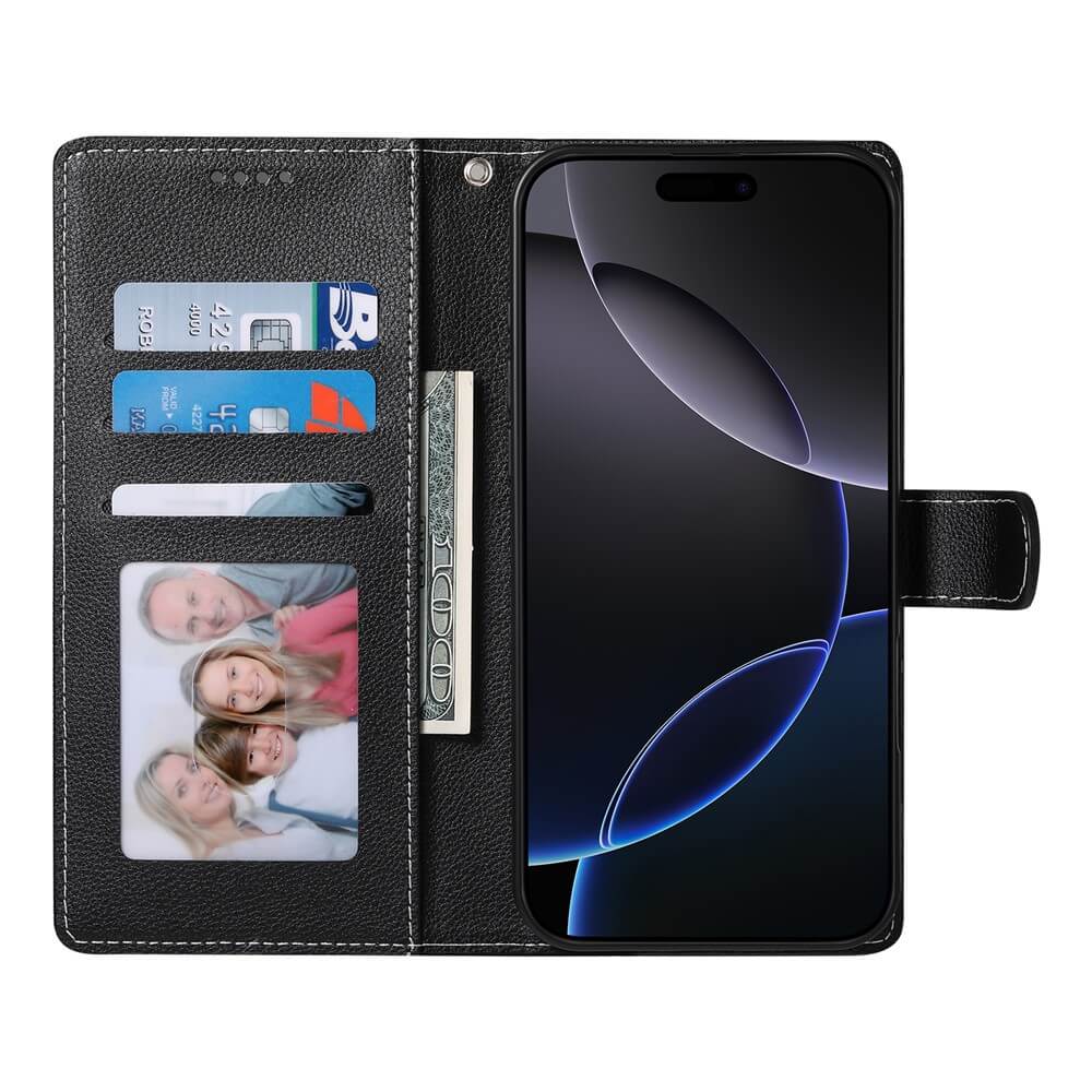 Das Cover-Discount iPhone 17 Pro - Leder Etui Hülle Struktura Design ist offen und bietet Platz für Karten, Bargeld und ein Foto, während sich die Handyhülle auf der rechten Seite befindet.