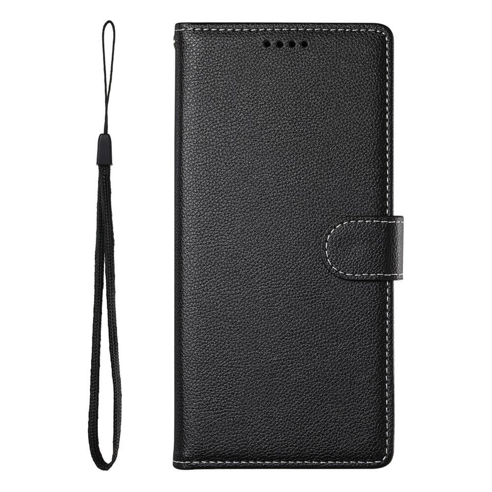 Das Cover-Discount iPhone 17 Pro Leder Etui Hülle Struktura Design ist ein schwarzes Lederetui mit Magnetverschluss und abnehmbarer Handschlaufe, das elegant auf einem weißen Hintergrund dargestellt ist.