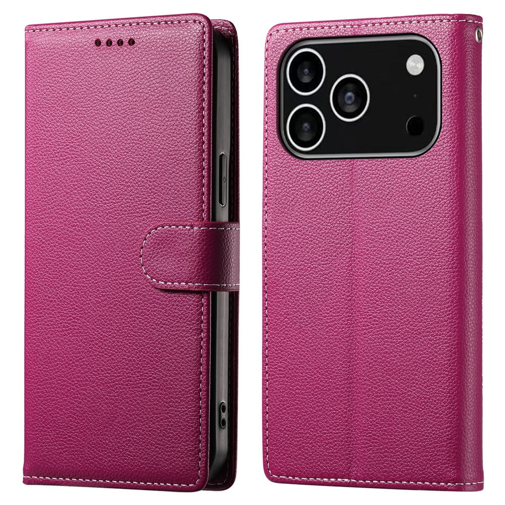 Cover-Discount iPhone 17 Pro - Leder Etui Hülle Struktura Design in Magenta, offen und geschlossen gezeigt, mit Kameraausschnitt sowie magnetischem Verschluss.