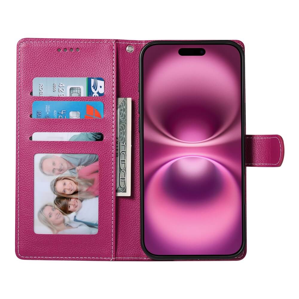 Offene rosa Cover-Discount Leder Etui Hülle Struktura Design, die Karten, Bargeld und ein iPhone 17 Pro mit einem rosa abstrakten Hintergrundbild enthält.