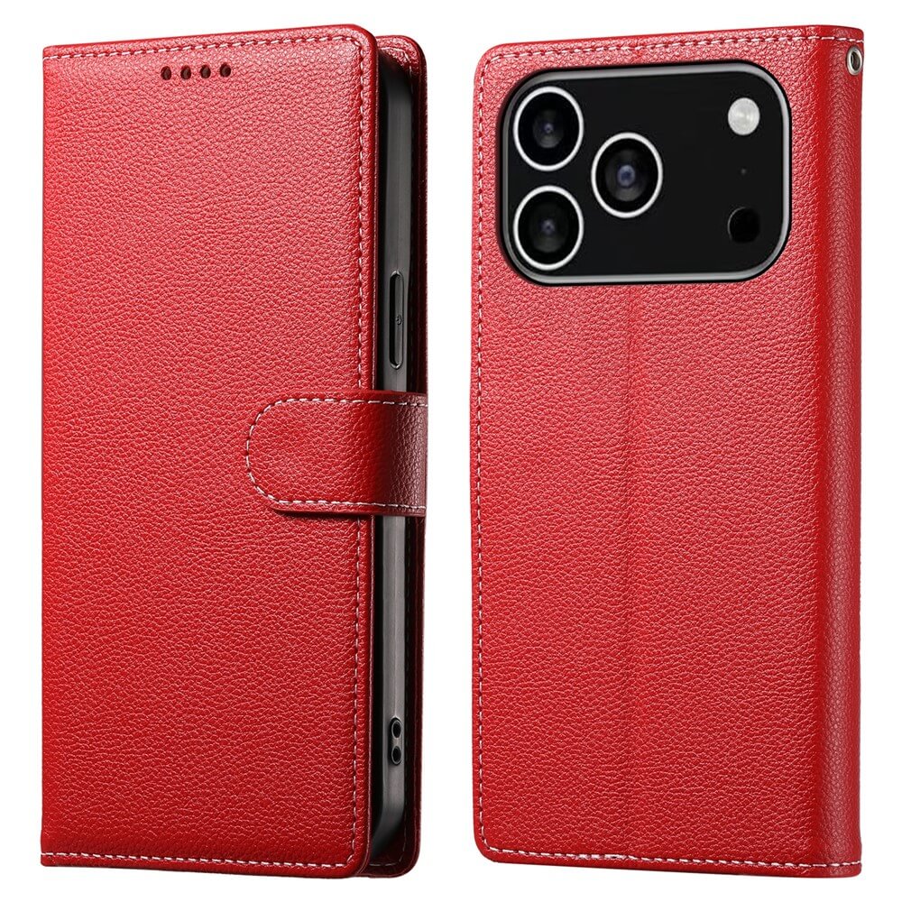 Das Cover-Discount iPhone 17 Pro - Leder Etui Hülle Struktura Design in rot, mit Magnetverschluss, zeigt sich von vorne und hinten und schützt Ihr Smartphone stilvoll.