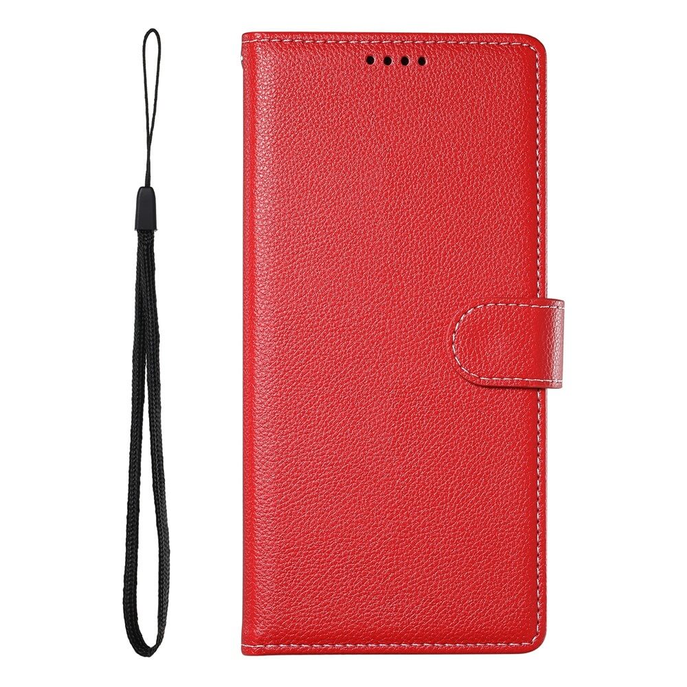 Das Cover-Discount iPhone 17 Pro - Leder Etui Hülle Struktura Design ist eine rote Lederhülle mit Schnappverschluss und abnehmbarer schwarzer Handschlaufe, die Stil und Komfort für Ihr Gerät vereint.