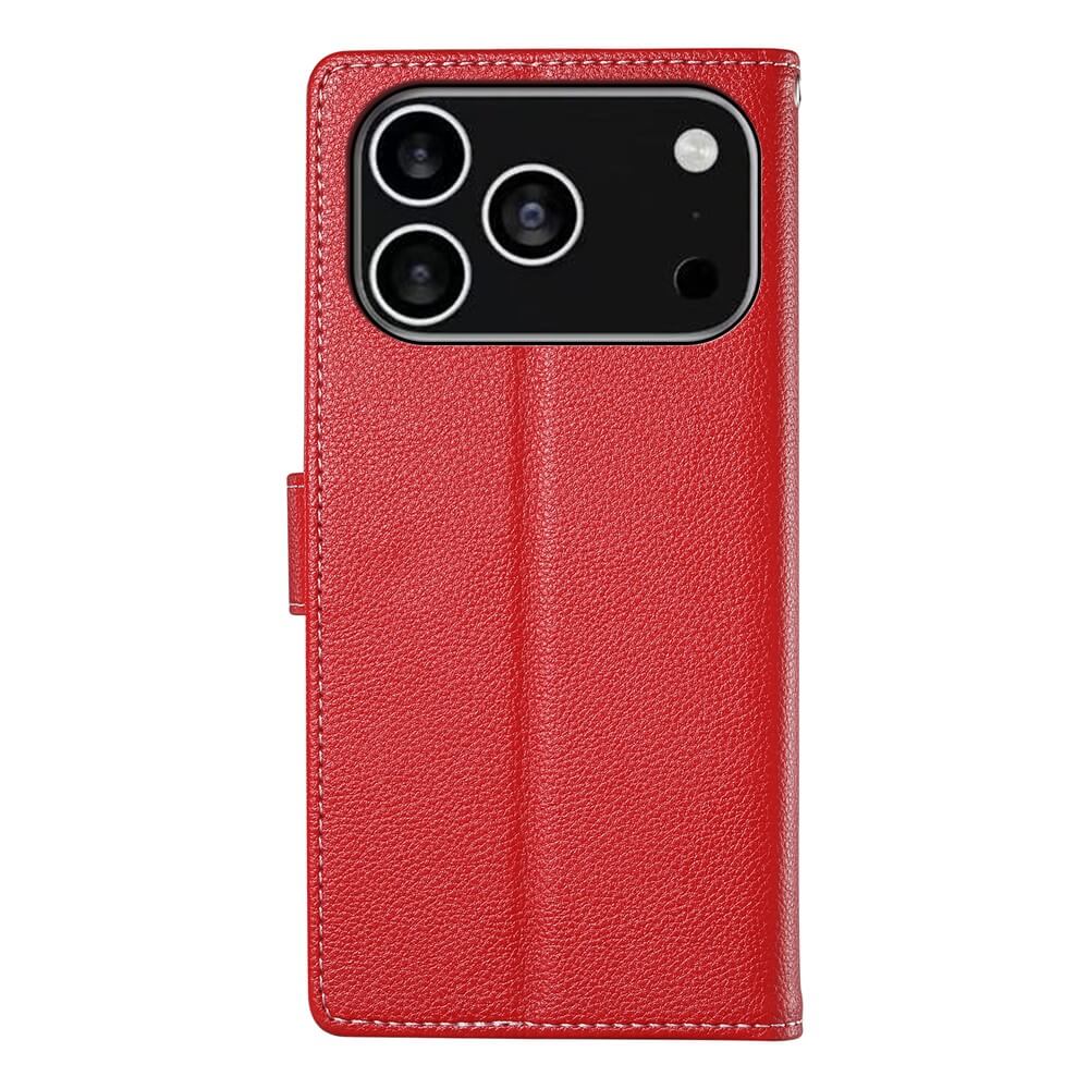 Das Cover-Discount iPhone 17 Pro - Leder Etui Hülle Struktura Design in schlichtem Rot verfügt über einen präzisen, freiliegenden Kameraausschnitt, der von der Rückseite aus sichtbar ist.