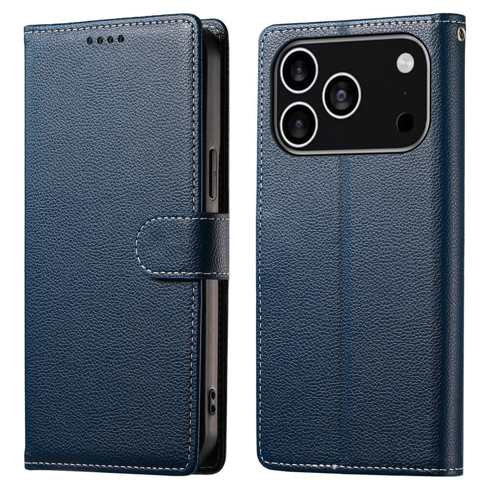 Cover-Discount iPhone 17 Pro - Leder Etui Hülle Struktura Design in marineblau, mit präzisem Kameraausschnitt, offen und geschlossen dargestellt.
