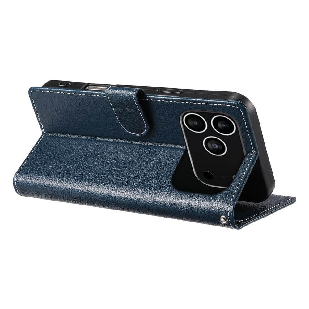 Das Cover-Discount iPhone 17 Pro - Leder Etui Hülle Struktura Design hält Ihr Gerät aufrecht in einem horizontalen Ständer und kombiniert elegantes blaues Leder mit praktischer Funktionalität.