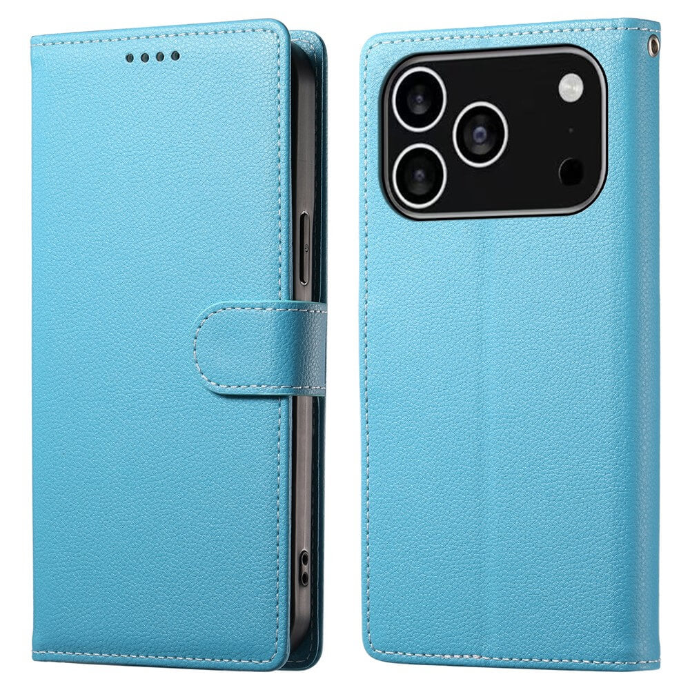 Das Cover-Discount iPhone 17 Pro - Leder Etui Hülle Struktura Design in hellblau, offen und geschlossen gezeigt, verfügt über einen großen Kameraausschnitt auf der Rückseite.