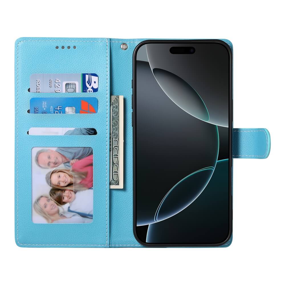 Das Cover-Discount iPhone 17 Pro Leder Etui Hülle Struktura Design ist ein offenes blaues Etui, das Platz für Karten, Bargeld, ein Familienfoto und Ihr Smartphone bietet.