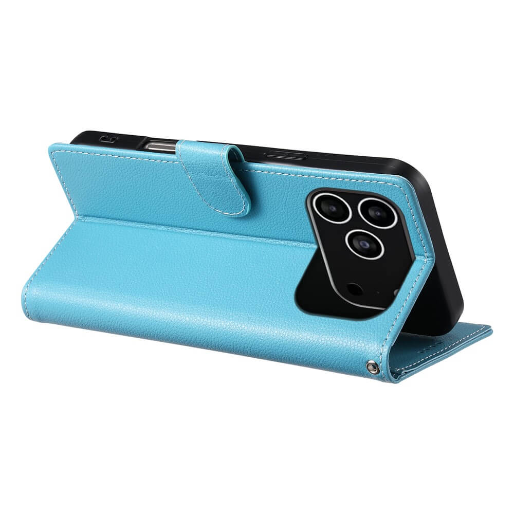 Das Cover-Discount iPhone 17 Pro - Leder Etui Hülle Struktura Design in Blau bietet eine integrierte Standfunktion, mit der Sie Ihr Smartphone sicher horizontal zum freihändigen Ansehen aufstellen können.