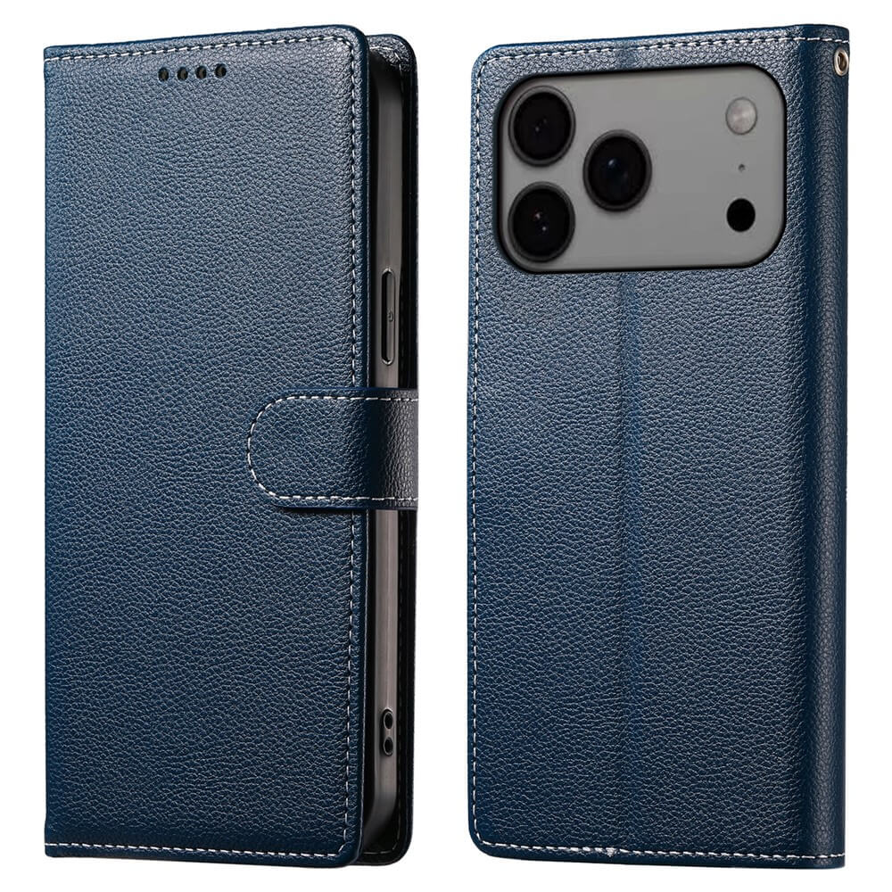 Die Cover-Discount iPhone 17 Pro Max - Leder Etui Hülle Struktura Design in Dunkelblau bietet Klapphülle mit Frontcover, Kameraausschnitt, Magnetverschluss sowie Karten- und Geldfach.