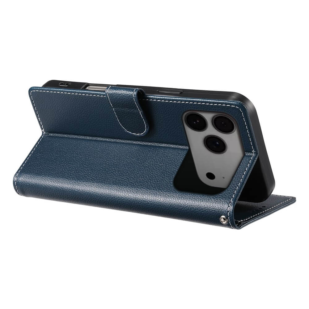 Das Cover-Discount iPhone 17 Pro Max - Leder Etui Hülle Struktura Design in Navy Blue dient als stabiler horizontaler Smartphone-Ständer und bietet eine praktische Brieftaschenfunktion.