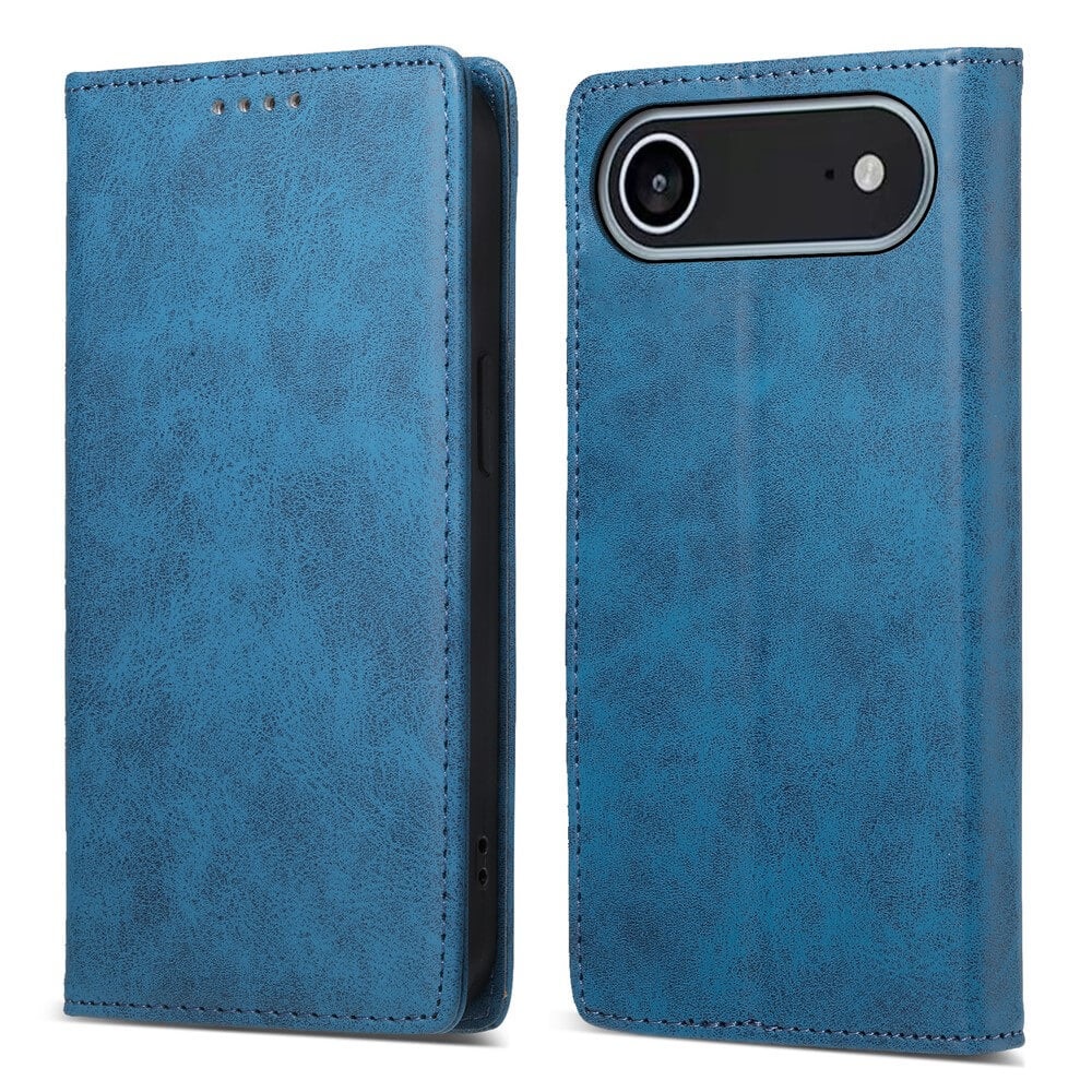 Das Cover-Discount iPhone 17 Air - Flip Case mit RFID-Blocker in blauem Leder wird offen und geschlossen gezeigt und hebt den Kameraausschnitt, das elegante Cover-Design und die RFID-Blockierung zum Schutz der Daten hervor.