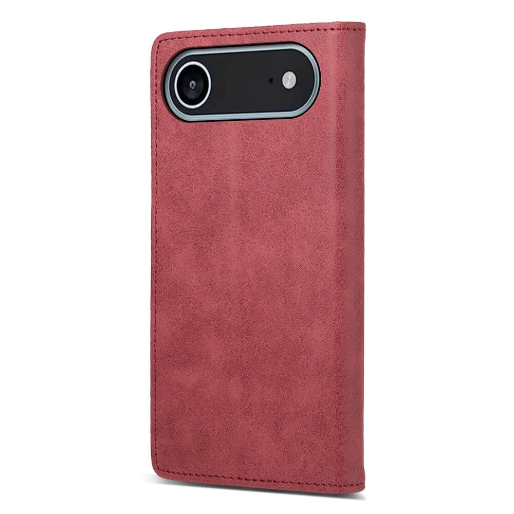 Das Cover-Discount iPhone 17 Air Flip Case mit RFID Blocker ist eine rosarote Hülle mit Kameraausschnitt, die aufrecht auf weißem Hintergrund steht.