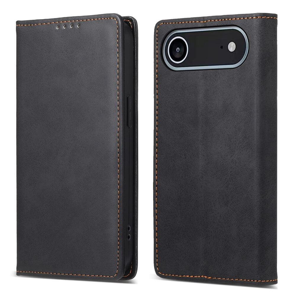 Das Cover-Discount iPhone 17 Air - Flip Case mit RFID Blocker aus schwarzem Leder mit braunen Nähten schützt Ihr Handy und bietet durch RFID-Blockierung zusätzlichen Schutz. Geöffnet sichtbar: Kameraausschnitt auf der Rückseite.