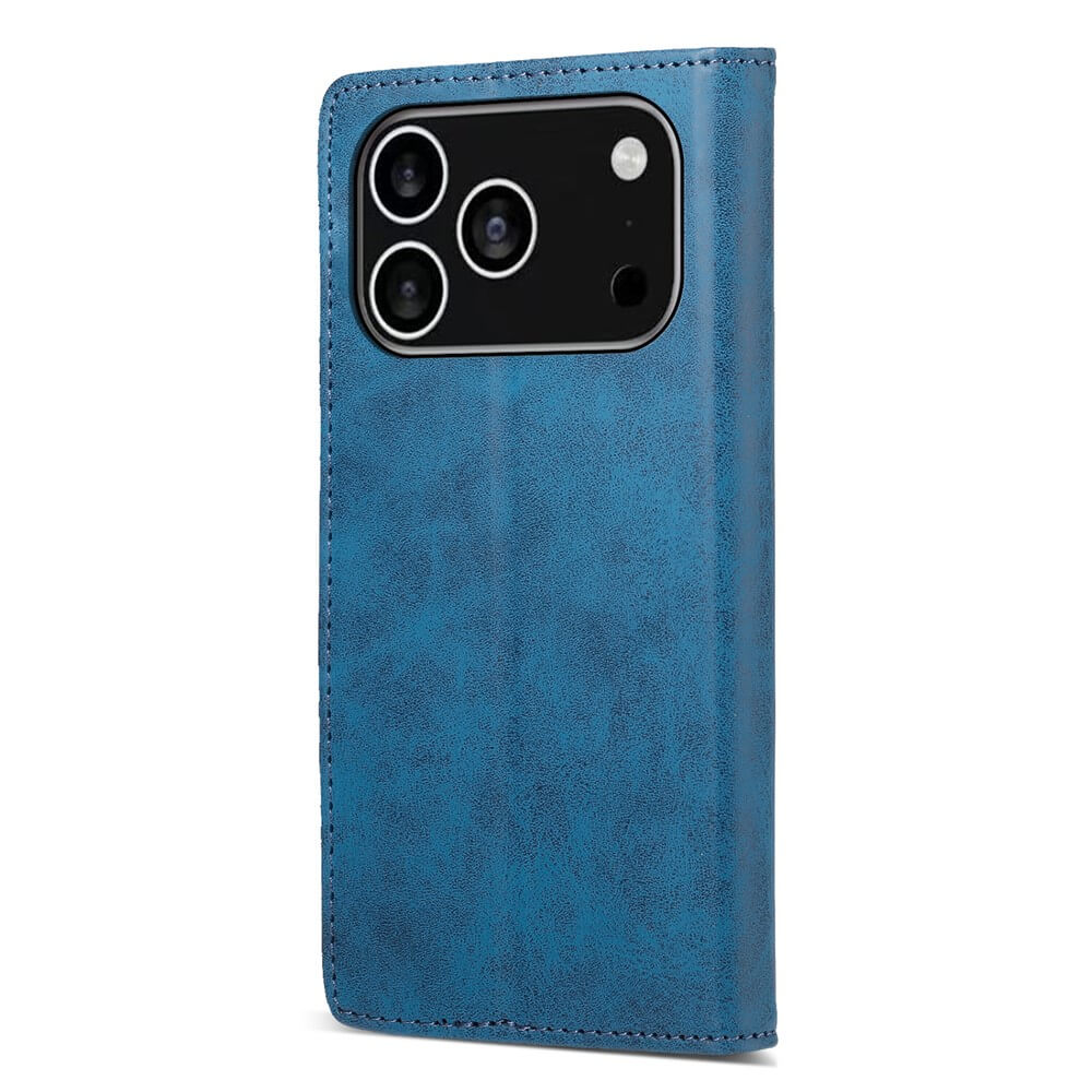 Das Cover-Discount iPhone 17 Pro Flip Case mit RFID Blocker hat blaues Leder, sichtbare Kameraausschnitte, genähte Ränder und ist aufrecht abgebildet.