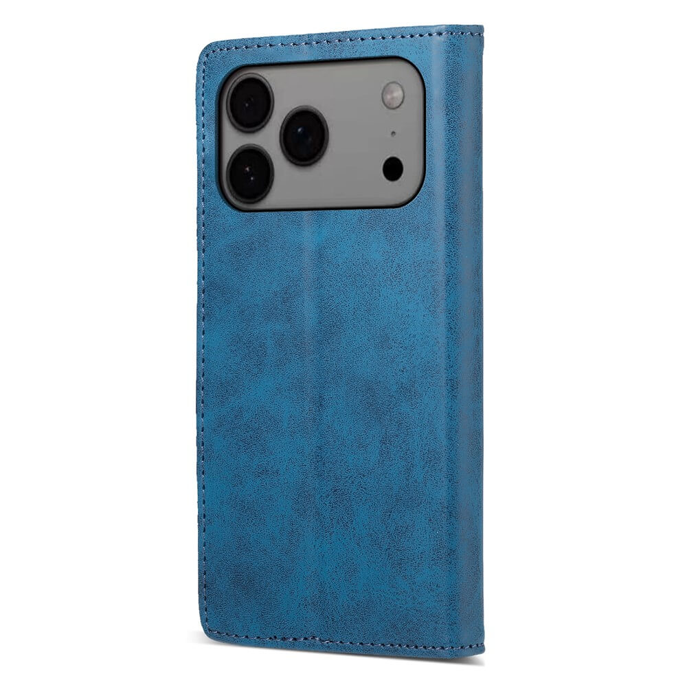 Das Cover-Discount iPhone 17 Pro Max Flip Case mit RFID Blocker hat blaues Leder, sichtbare Kameraausschnitte, genähte Ränder und ist aufrecht abgebildet.