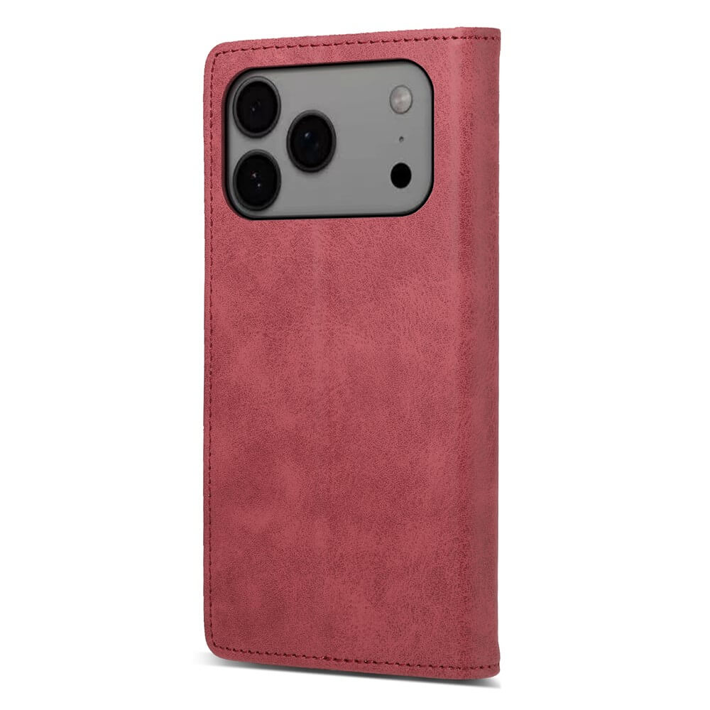 Das Cover-Discount iPhone 17 Pro Max Flip Case mit RFID Blocker in rosa Leder schützt das Smartphone und lässt Kameraobjektive sowie Blitz frei.