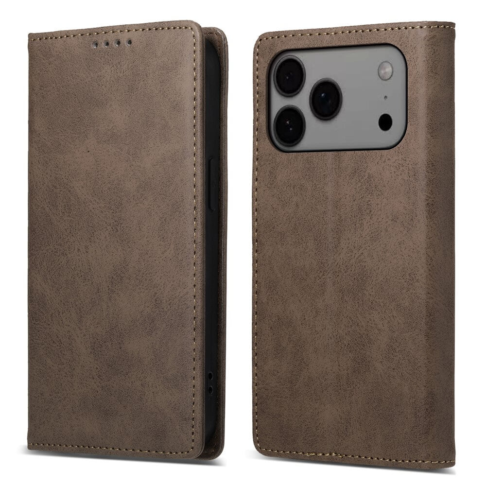 Das Cover-Discount iPhone 17 Pro Max - Flip Case mit RFID Blocker in braunem Leder bietet einen Rundumschutz mit geschlossener Frontklappe und passgenauem Kameraausschnitt.