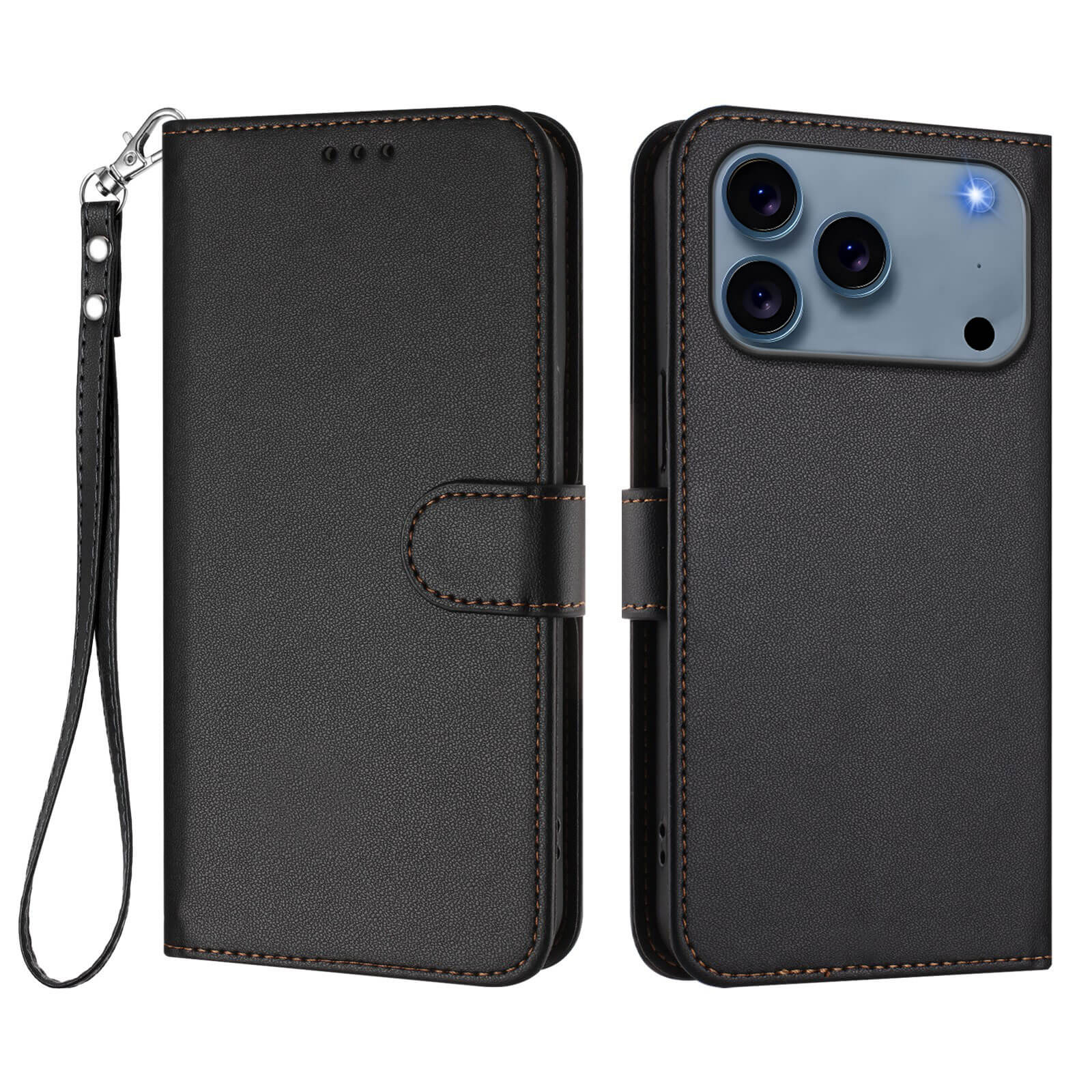 #farbe_schwarz|Das glänzende iPhone 17 Pro Max Hüllen Etui von Cover-Discount bietet Kartenfächer und Handschlaufe aus schwarzem PU-Leder - zeigt das Handy offen und geschlossen.