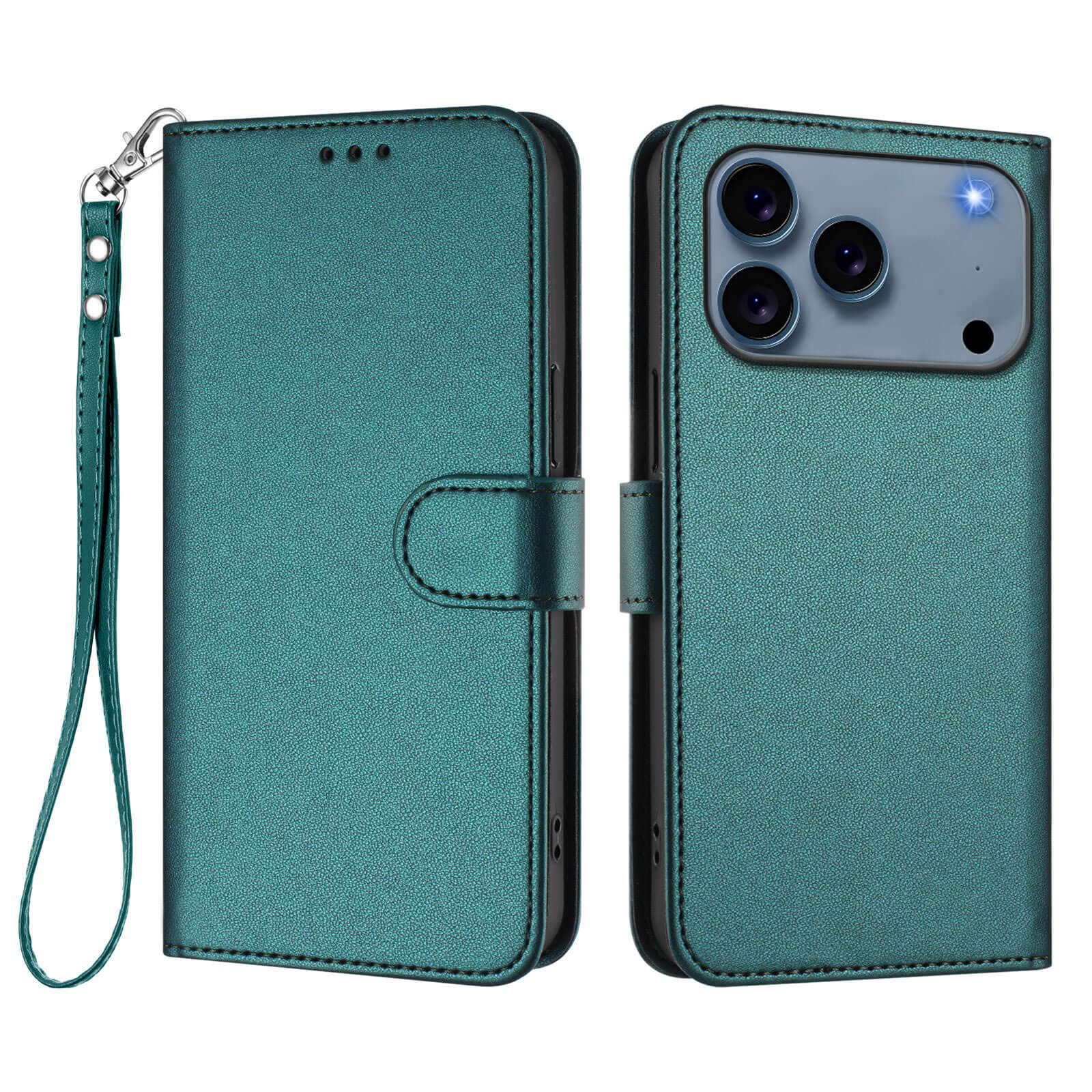 Das Cover-Discount iPhone 17 Pro Max Glänzendes Hüllen Etui mit Handschlaufe besteht aus Teal PU-Leder, bietet Kartenfächer und zeigt sich offen sowie geschlossen - ideal für Smartphones mit Triple-Kamera.