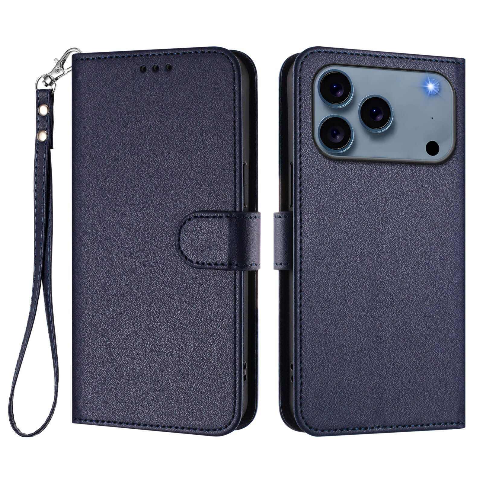 Das Cover-Discount iPhone 17 Pro Max - Glänzendes Hüllen Etui mit Handschlaufe in dunkelblauem PU-Leder passt für Triple-Kamera-Handys, offen und geschlossen dargestellt, und bietet praktische Kartenfächer für mehr Komfort.