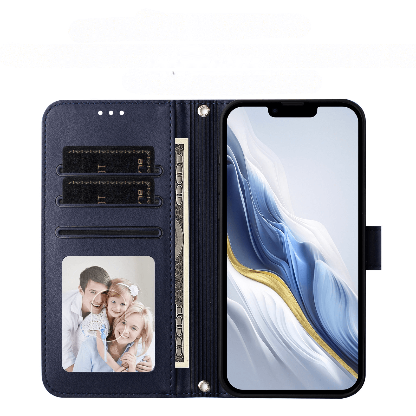 Das iPhone 17 Pro Max - Glänzendes Hüllen Etui mit Handschlaufe von Cover-Discount bietet Kartenfächer für Bargeld und Fotos in einer blauen PU-Leder-Hülle-ideal für Ihr Smartphone.