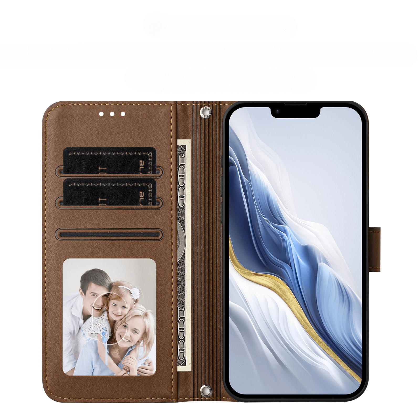 Cover-Discount iPhone 17 Pro Max Glänzendes Hüllen Etui mit Handschlaufe - praktische Schutzhülle mit Kartenfächern für Handy, Karten, Bargeld und ein Familienfoto.