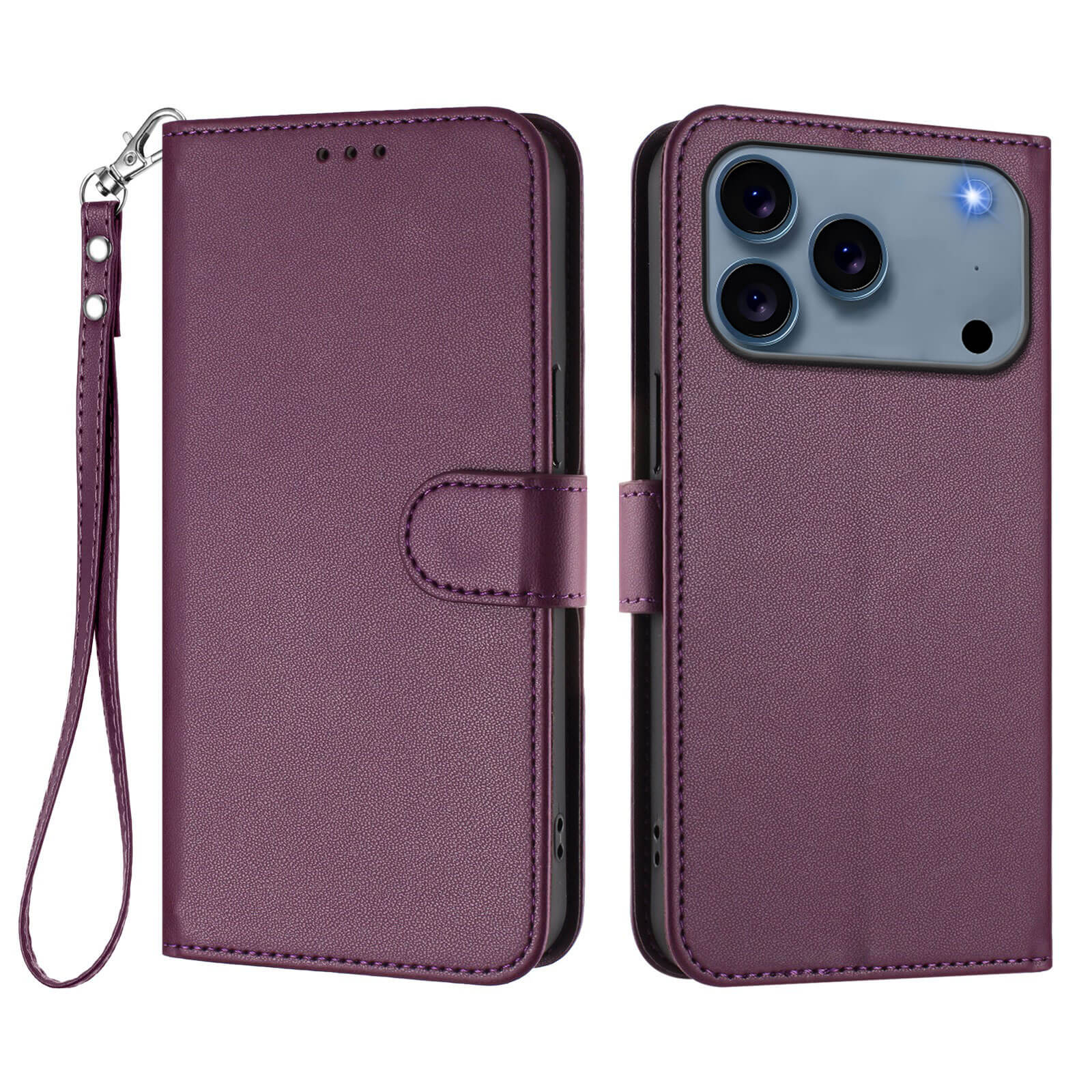 Das Cover-Discount iPhone 17 Pro Max Glänzendes Hüllen Etui mit Handschlaufe in Lila bietet Kartenfächer und wird offen sowie geschlossen am Smartphone präsentiert.