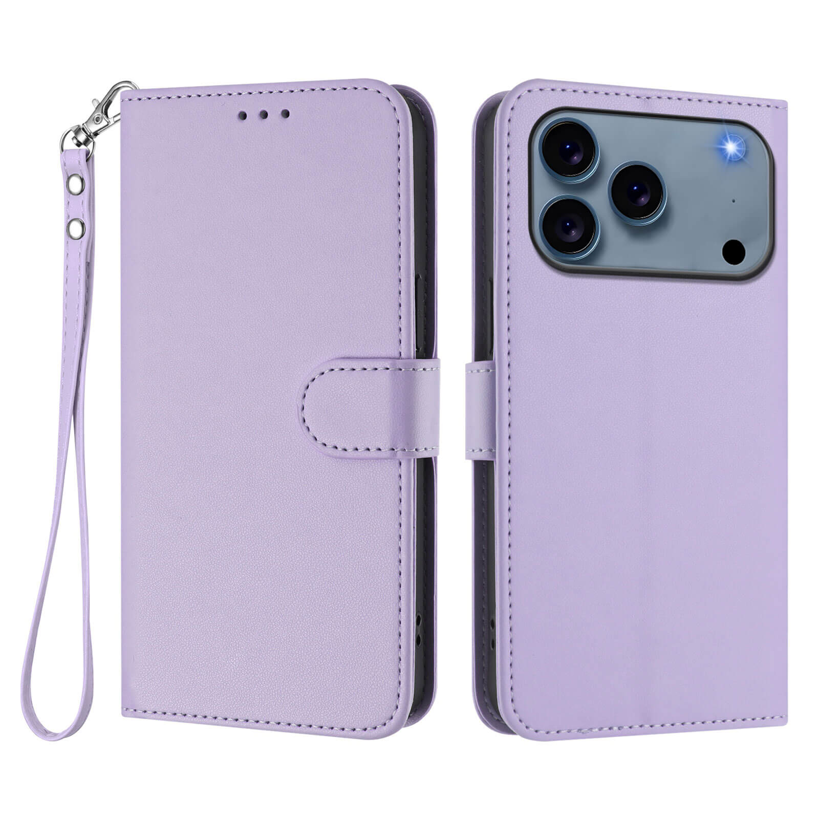 Das iPhone 17 Pro Max - Glänzendes Hüllen Etui mit Handschlaufe von Cover-Discount in Lavendel mit Kartenfächern, gezeigt geschlossen und offen mit eingelegtem Handy.