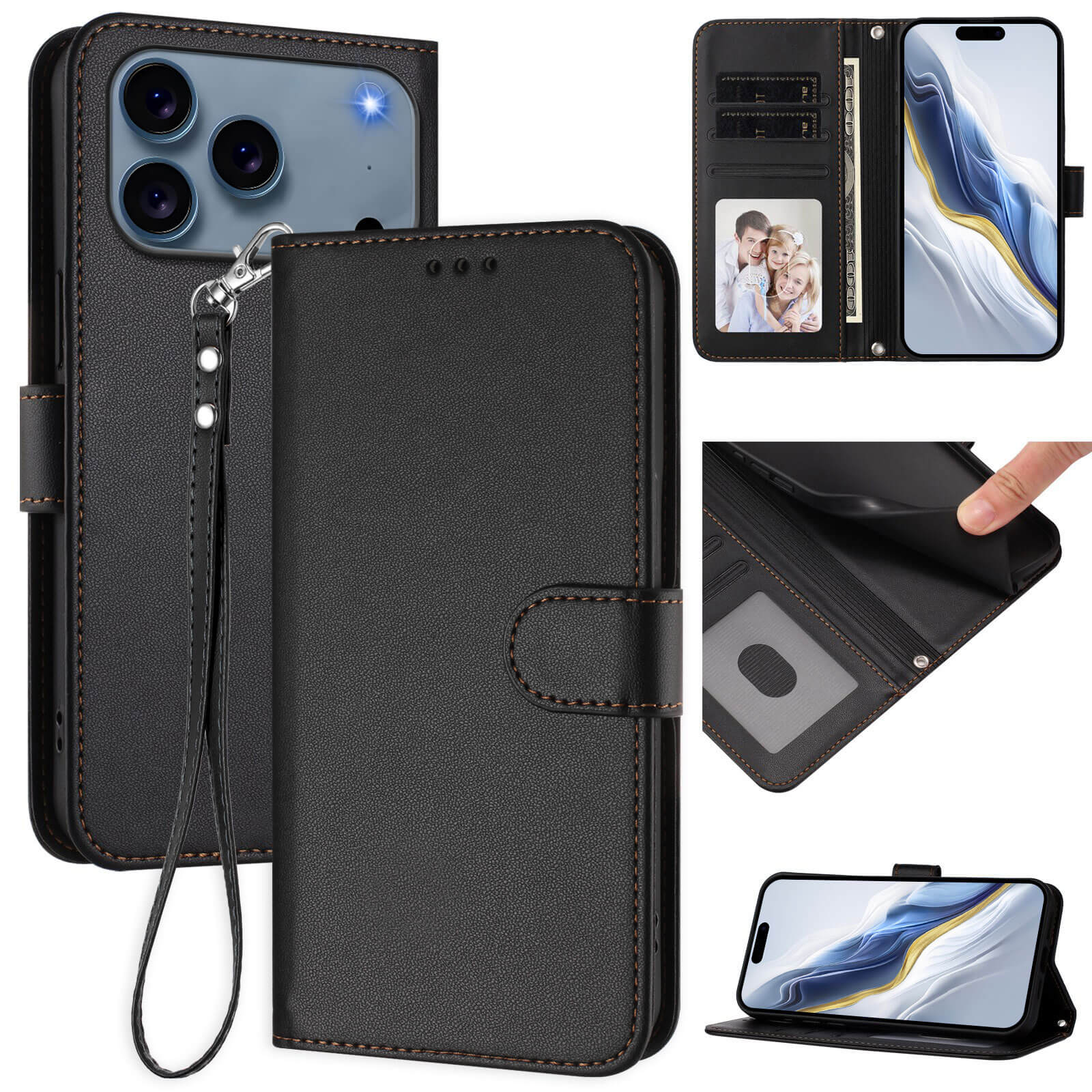 Das Cover-Discount iPhone 17 Pro Glänzendes Hüllen Etui mit Handschlaufe bietet Kartenfächer, Standfunktion und passgenauen Schutz - dargestellt mit Smartphone im Inneren.