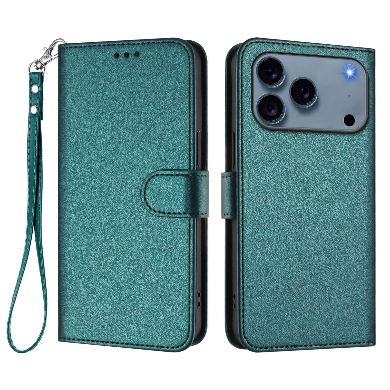 Cover-Discount iPhone 17 Pro - Glänzendes Hüllen Etui mit Handschlaufe, wallet-style und Kartenfach, in Teal PU-Leder, offen und geschlossen mit Smartphone im Inneren gezeigt.